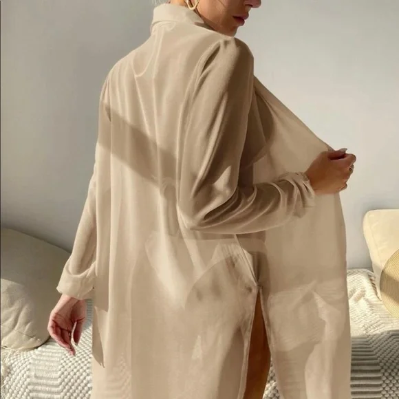 Shirt kimono bikini cover-up button collar slit side khaki top beach summer - Picture 4 of 5